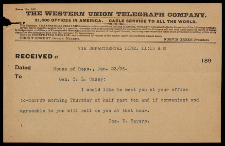 [Joseph] D. Sayers to Thomas Lincoln Casey, January 23, 1895, telegram