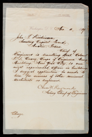 [Charles] W. Raymond to John Dickinson, November 11, 1887, copy