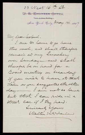 Walter McFarland to Thomas Lincoln Casey, May 14, 1887