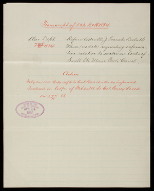 War Department to [Thomas Lincoln Casey], April 14, 1888