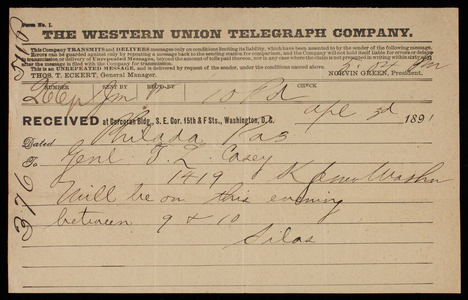 Admiral Silas Casey to Thomas Lincoln Casey, April 3, 1891, telegram