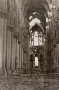 Interior view of a cathedral showing damage, Reims