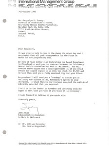 Letter from Judy Stott to Jacquelyn D. Treacy
