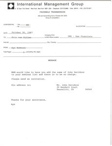 Fax from Ayn Robbins to Eric van Dillen