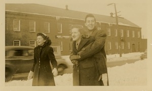 Candid photograph of former students, Marie, Norm, and Phyllis Aldrick, New Salem Academy