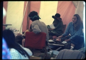 Scene inside a tent during the Woodstock Festival