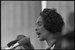 Coretta Scott King addressing the Solidarity Day crowd at the Poor People's March on Washington, speaking against the War in Vietnam