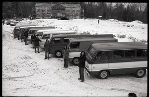 Brotherhood of the Spirit Dodge van advertisements: line of commune members and Dodge vans with commune house in background