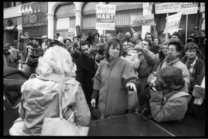 Lee Hart surrounded by press at a rally for her husband, Gary Hart, who was renewing his bid for the Democratic nomination for the presidency