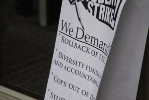 UMass student strike: flier announcing striker's demands posted at the Student Union Building