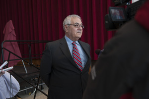 Congressman Barney Frank being interviewed on television at the Student Union Ballroom stage, UMass Amherst, during his book event