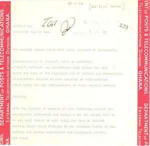 Telegram from Writers' Union of Romanian People's Republic to Shirley Graham Du Bois