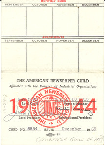 American Newspaper Guild membership card