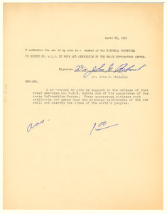 Form letter from John G. Rideout to National Committee to Defend Dr. W. E. B. Du Bois and Associates in the Peace Information Center