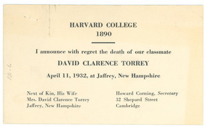 Announcement of the death of David Clarence Torrey
