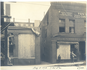 Wreck at Dudley Street, 7:45 am, view from street of damage to buildings