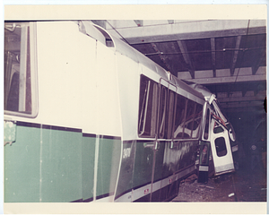 Unidentified Green Line collision, view in tunnel of damaged trains