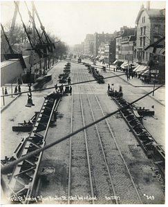 Washington Street looking south from Newton Street, steel laid out ahead