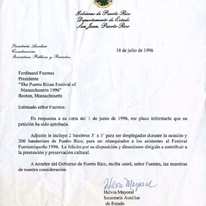 Letter from Henvia Mayoral of the Puerto Rican State Department, regarding flags forFestival Puertorriqueño