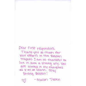 Card to First Responders from University of Connecticut student