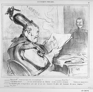 - Oursikoff! ...trouvez-vous cela ressemblant?......... - Non, Sire!...... - A la bonne heure..... je vous aurais envoyé en Sibérie si vous m'aviez reconnu..... toutes ces mauvaises charges du CHARIVARI n'empêchent pas que je ne sois toujours le plus bel homme de mon empire!..... - Oui, Sire!......