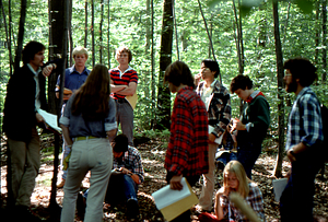Taber Allison (far left), conducts a Biology 201 - Ecology field lab in the Hopkins Forest sugarbush.