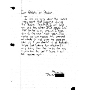 Letter to Boston from a student at Dunn Elementary School (Arlington, Texas)