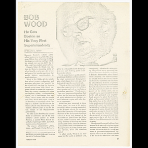 Newspaper clipping from the Boston Globe, "Bob Wood, he gets Boston as his very first superintendency"