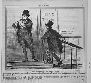 Les ACTIONNAIRES DU GREAT-EASTERN. - Je sors des bureaux, et on m'a remis la circulaire dans laquelle on nous avertit qu'il faut que nous fassions le premier voyage du GREAT-EASTERN en Amérique!.... - Et pourquoi?....... - Parce que nous devons prouver au public qui regarde ce voyage comme très dangereux..., qu'il offre moins de périls qu'on ne croit...... et comme actionnaires...., nous devons prêcher d'exemple!.....