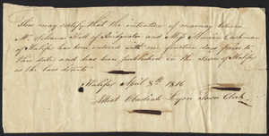 Marriage Intention of Silvanus Hall of Bridgewater, Massachusetts and Almeria Cushman, 1816