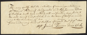 Marriage Intention of Daniel Alden of Bridgewater and Joanna Tilson, 1804