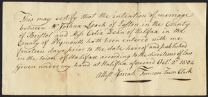 Marriage Intention of Joshua Leach of Easton, Massachusetts and Celia Dean, 1804