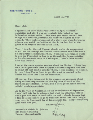 Letter from President Harry S. Truman to Melvin M. Johnson, 1947 April 16