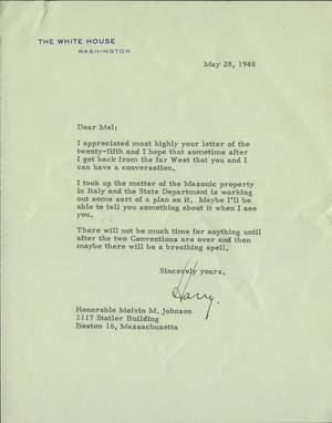 Letter from President Harry S. Truman to Melvin M. Johnson, 1948 May 28