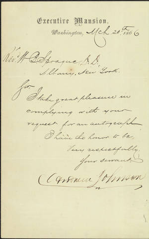 Letter from President Andrew Johnson to Reverend W. B. Sprague, 1866 March 20