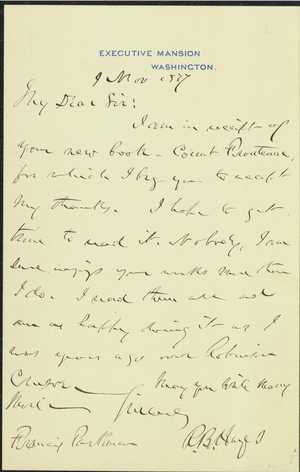 Letter from President Rutherford B. Hayes to Francis Parkman, 1877 November 9