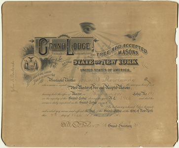 Past Master Mason certificate for John S. Rowlands