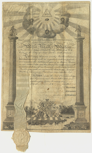 Master Mason certificate issued by Independent Royal Arch Lodge, No. 2, to Robert Palmer, 1795 February 10
