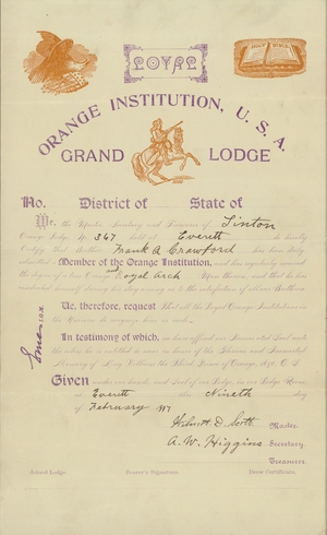 Membership certificate issued by Linton Orange Lodge, No. 367, to Frank A Crawford, 1917 February 9