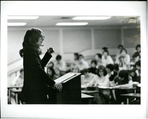 Suffolk University Professor Karen Blum (Law), teaching from podium, 1979