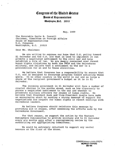 Letter signed by John Joseph Moakley and other members of the House of Representatives to Dante B. Fascell, Chairman, Committee of Foreign Affairs, regarding their opinions on future U.S. aid to El Salvador, May 1989