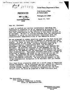 Letter to John Joseph Moakley from Roger M. Kimmitt regarding the Department of State's role in providing the Task Force with information to assist with the Jesuit murder investigation, 16 March 1990