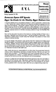 House Democratic Leadership newsletter "FYI: Democrats expose GOP agenda: Bigger tax breaks for the wealthy, bigger medicare cuts", 30 September 1996