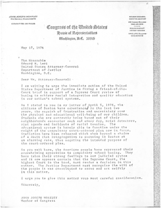 Follow-up correspondence from John Joseph Moakley to Attorney General Edward H. Levi reiterating the need to conduct a review of federal court busing orders, 17 May 1976