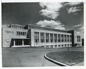 Cushing Hall exterior: main entrance from road