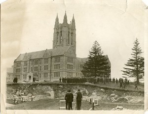 Gasson Hall exterior during groundbreaking for Saint Mary's Hall