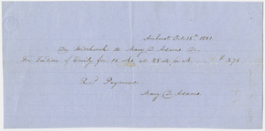 Edward Hitchcock receipt of payment to Mary D. Adams, 1851 October 15