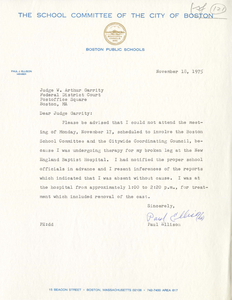 Letter from Boston School Committee member Paul Ellison to Judge W. Arthur Garrity, 1975 November 18