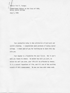 Senator Paul E. Tsongas Commencement Address to the Class of 1980 Quincy Junior College