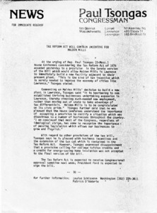 News, Paul Tsongas Congressman: Tax reform act will contain for Malden Mills